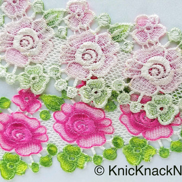 Yellow / Pink, Green and White Embroidered Flower Lace Trim, Approx 80mm wide